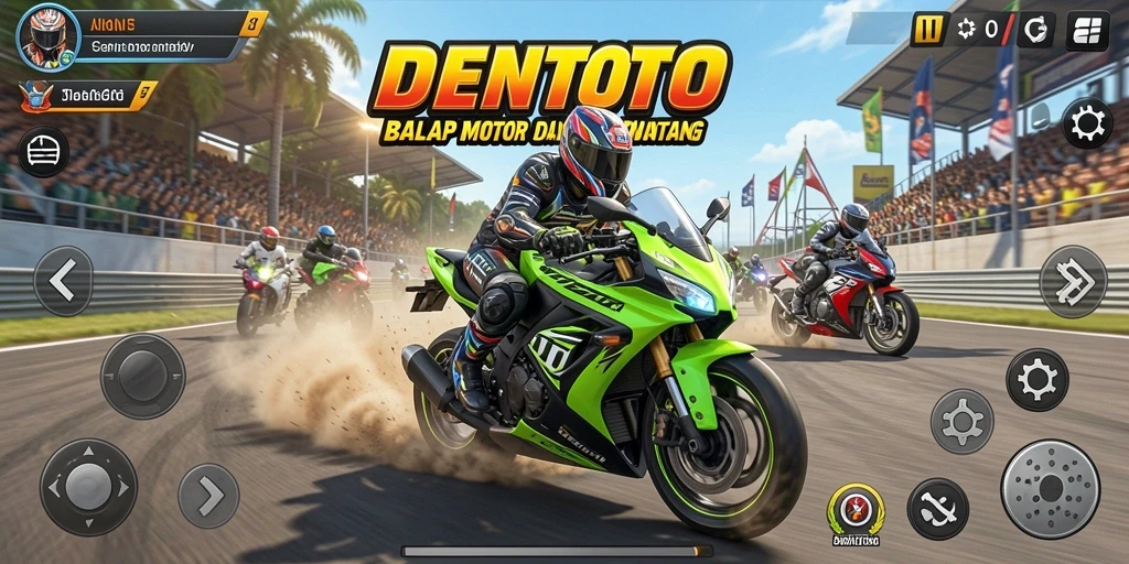 Screenshot DENTOTO menampilkan aksi balapan motor yang intens.