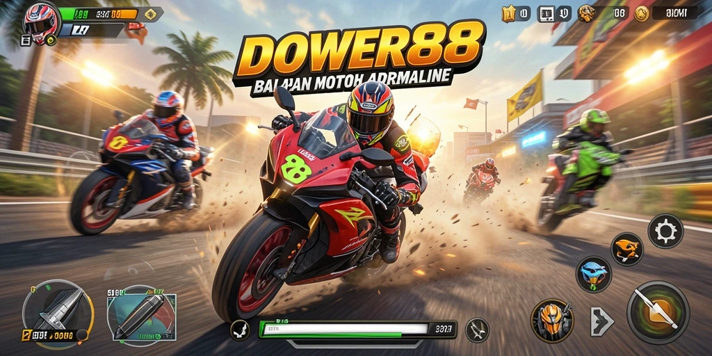 Tangkapan layar gameplay DOWER88 menampilkan aksi balapan motor yang seru.
