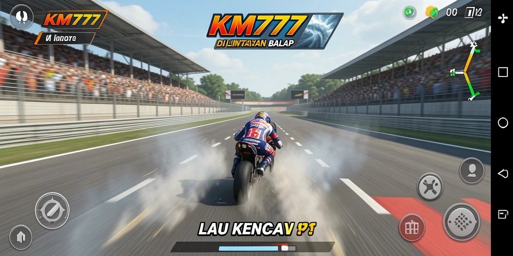 Screenshot gameplay KM777 dengan mobil balap kencang dan lintasan menantang.