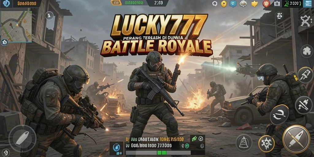 Screenshot utama LUCKY777 menampilkan aksi intens dalam Battle Royale.