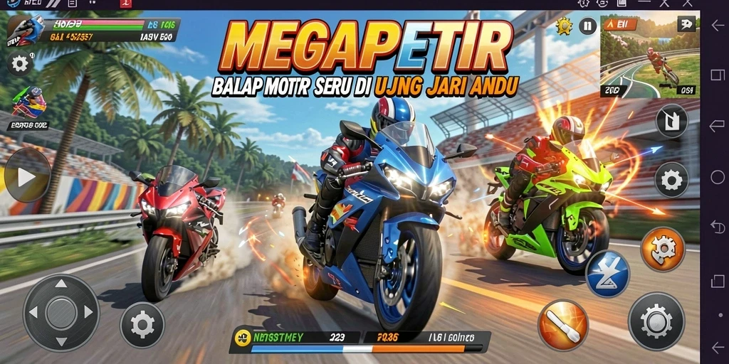 Tampilan gameplay seru dari MEGAPETIR, balapan motor yang mendebarkan.
