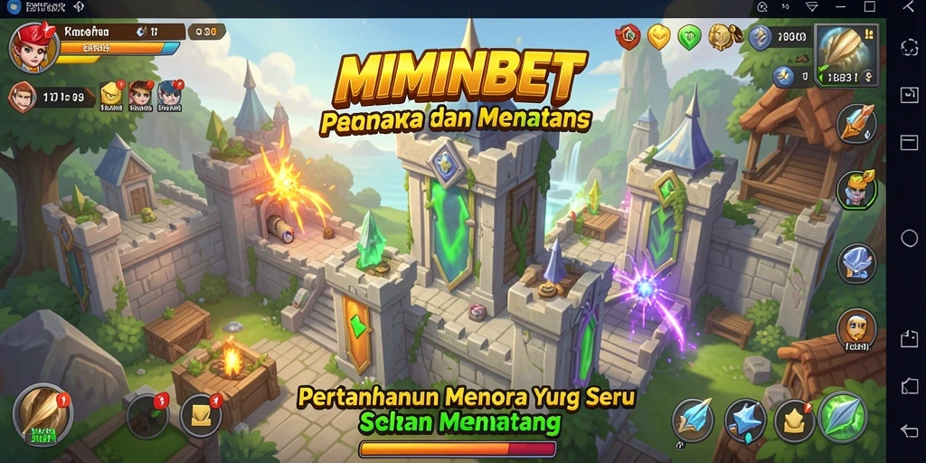 Screenshot gameplay MIMINBET memperlihatkan serangan menara yang spektakuler.