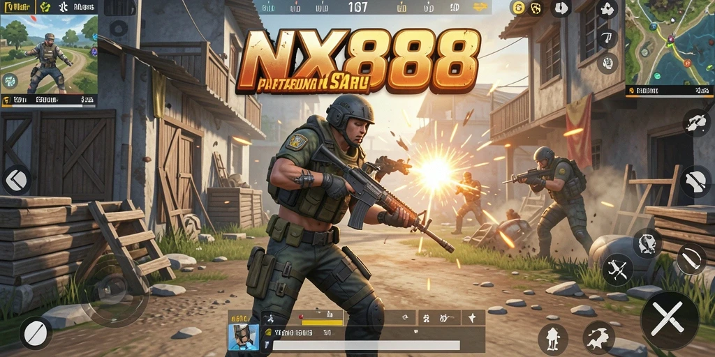 Screenshot utama <strong>NX888</strong> menampilkan aksi seru dari gameplay Battle Royale.