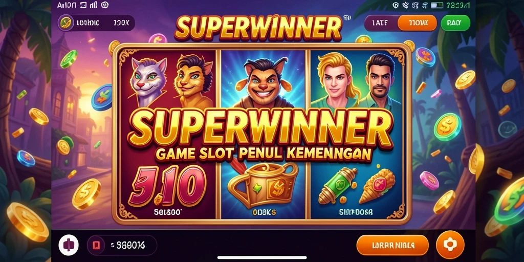 Tangkapan layar gameplay SUPERWINNER menampilkan gulungan yang berputar dengan simbol slot yang menarik.